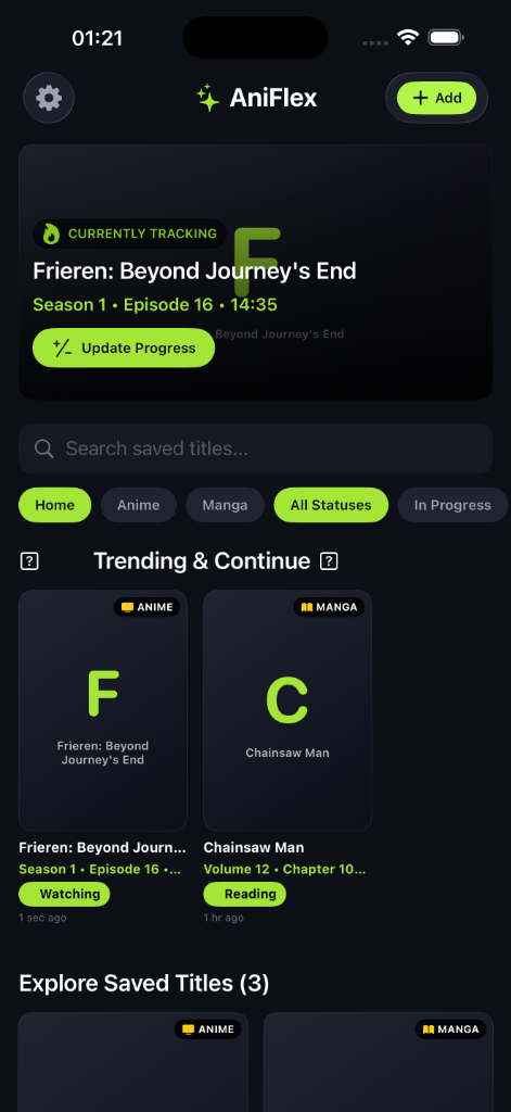 AniFlex iPhone App Populated Screen